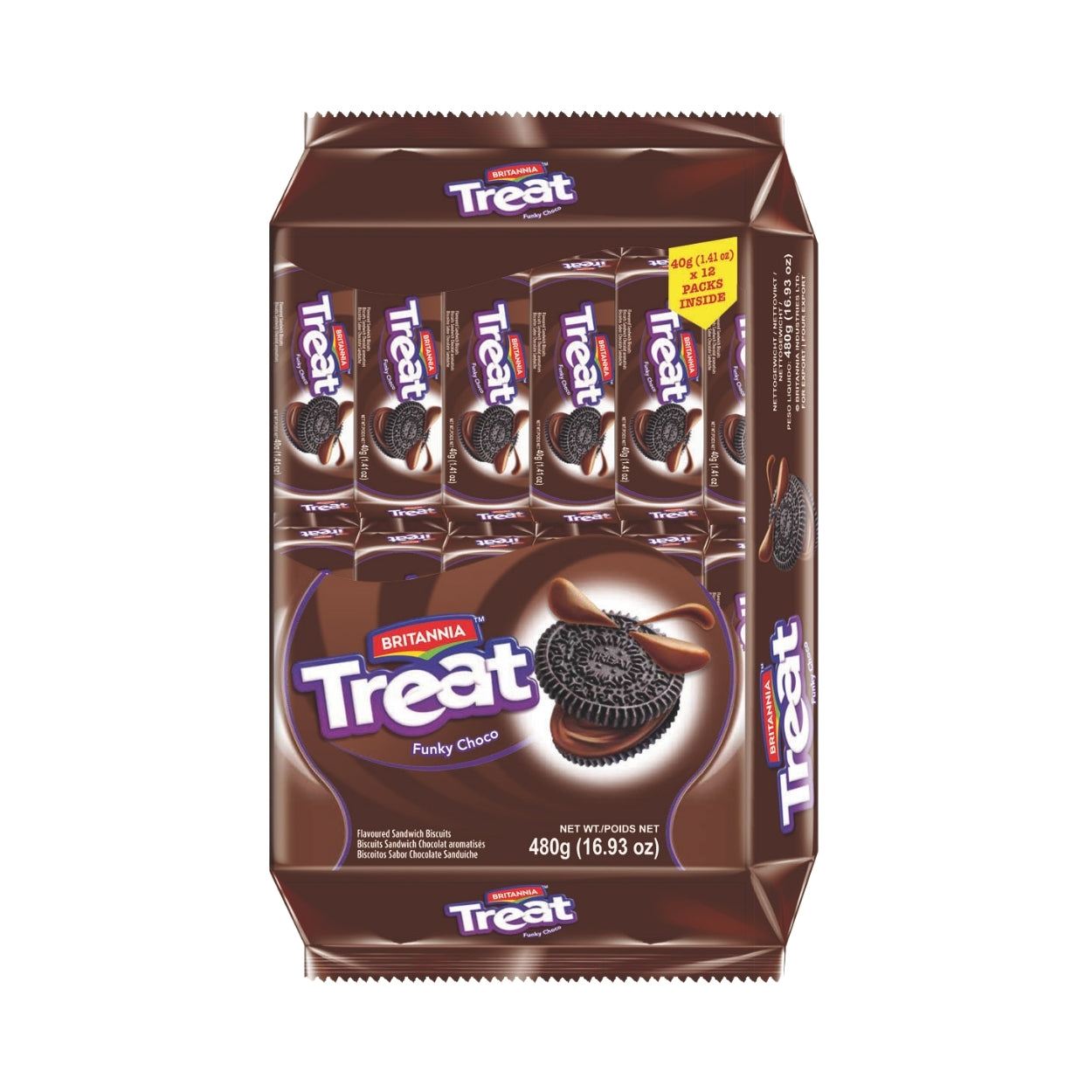 Packaging of Britannia Treat Funky Choco cookies on a white background