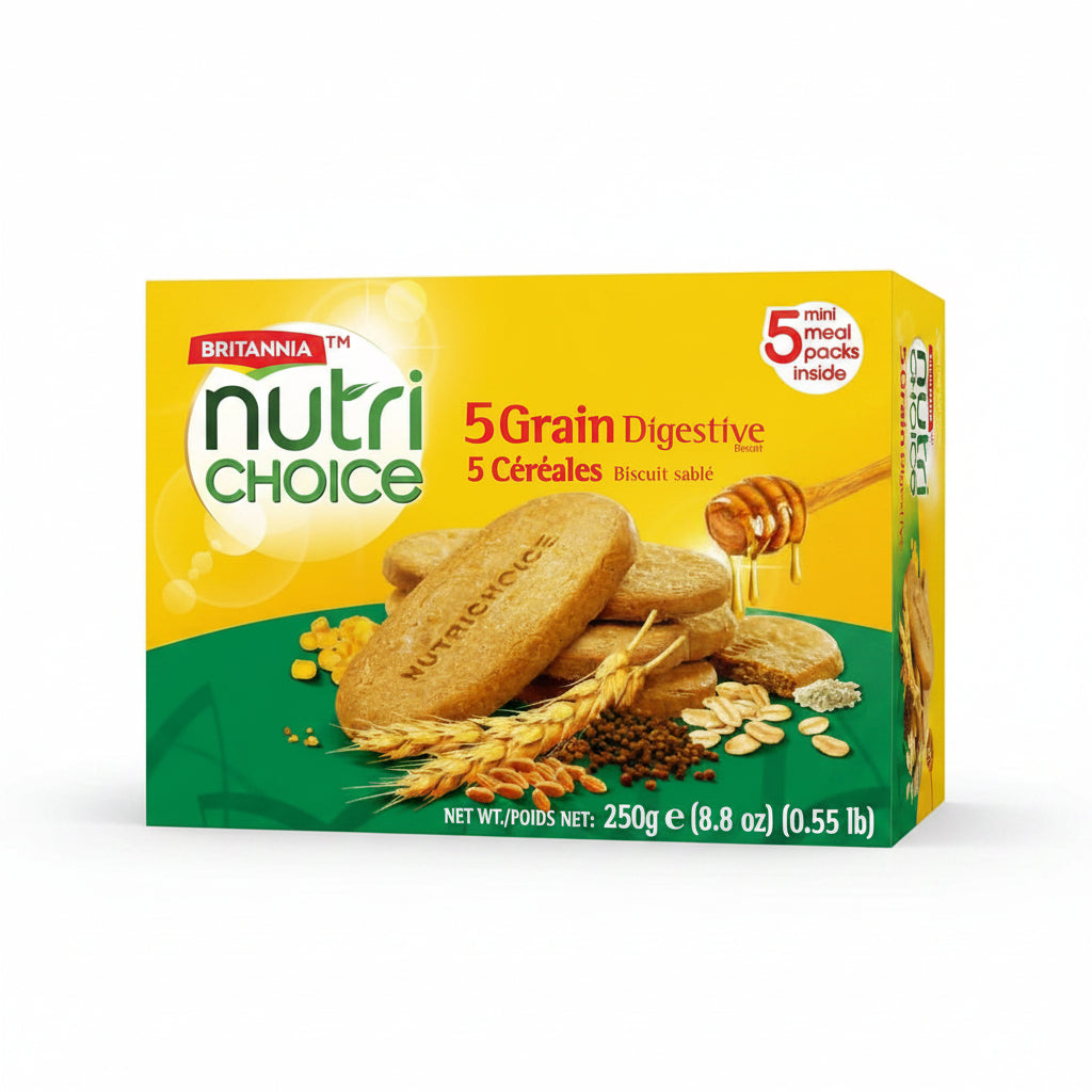 Britannia NutriChoice 5 Grain Biscuits Healthy Multigrain Snack High Fiber & Wholesome Ingredients Perfect Tea-Time or On-the-Go Treat 8.82oz (250g) (Pack of 1)