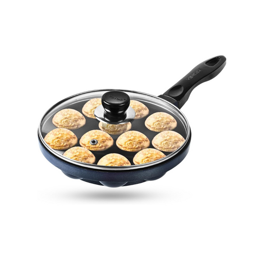 Vinod Zest Aluminium Non Stick Paniyarakal With Glass Lid - 12 Cavities, 8 inches | 3Mm Thick | 3 Layer Coating | Metal Spoon Friendly |Toxin Free | 1 Year Warranty - Black