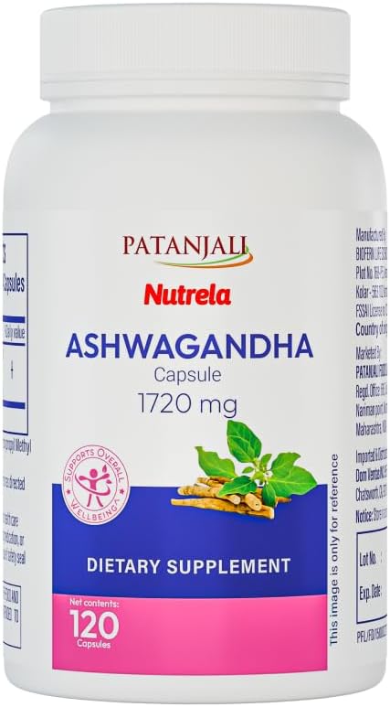 Patanjali Nutrela Ashwagandha 1720mg Capsules - Ayurvedic Stress Relief & Energy Support - Adaptogen for Mental Clarity & Relaxation - 120 Vegetarian Capsules