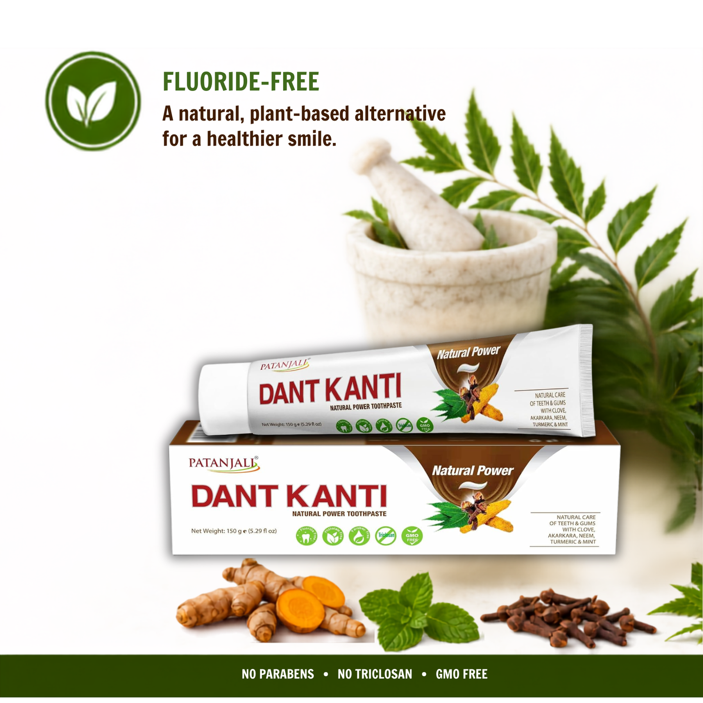Patanjali Dant Kanti Natural Toothpaste 150 g / 5.29 fl oz | Herbal Ayurvedic Fluoride‑Free Toothpaste for Strong Teeth & Healthy Gums – Fresh Herbal Flavor - (Pack of 6)