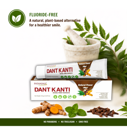 Patanjali Dant Kanti Natural Toothpaste 150 g / 5.29 fl oz | Herbal Ayurvedic Fluoride‑Free Toothpaste for Strong Teeth & Healthy Gums – Fresh Herbal Flavor - (Pack of 6)