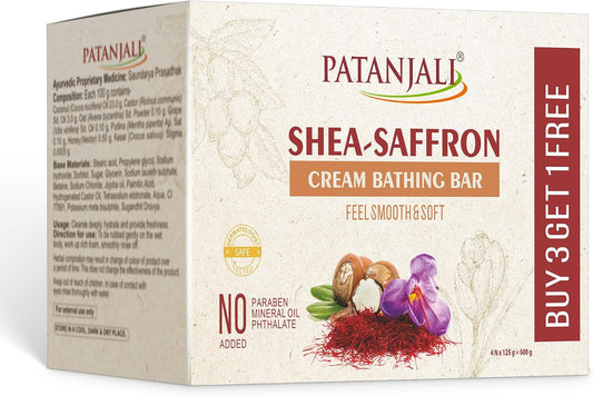 Patanjali Shea Saffron Cream Bath Bar Soap 125g | Moisturizing Body Cleansing Bar | Pack of 4