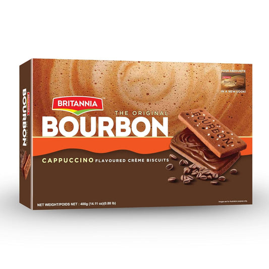 Britannia Bourbon The Original Cappuccino Crème Biscuits Smooth Chocolate Cappuccino Cream Filling Crunchy Tea-Time Snack with Sugar Crystals 3.52oz (100g) Each Pack of 6