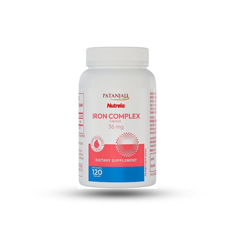 Patanjali Nutrela Iron Complex 36mg - Energy & Vitality Support Supplement - Mineral Formula for Men & Women - 120 Vegetarian Capsule