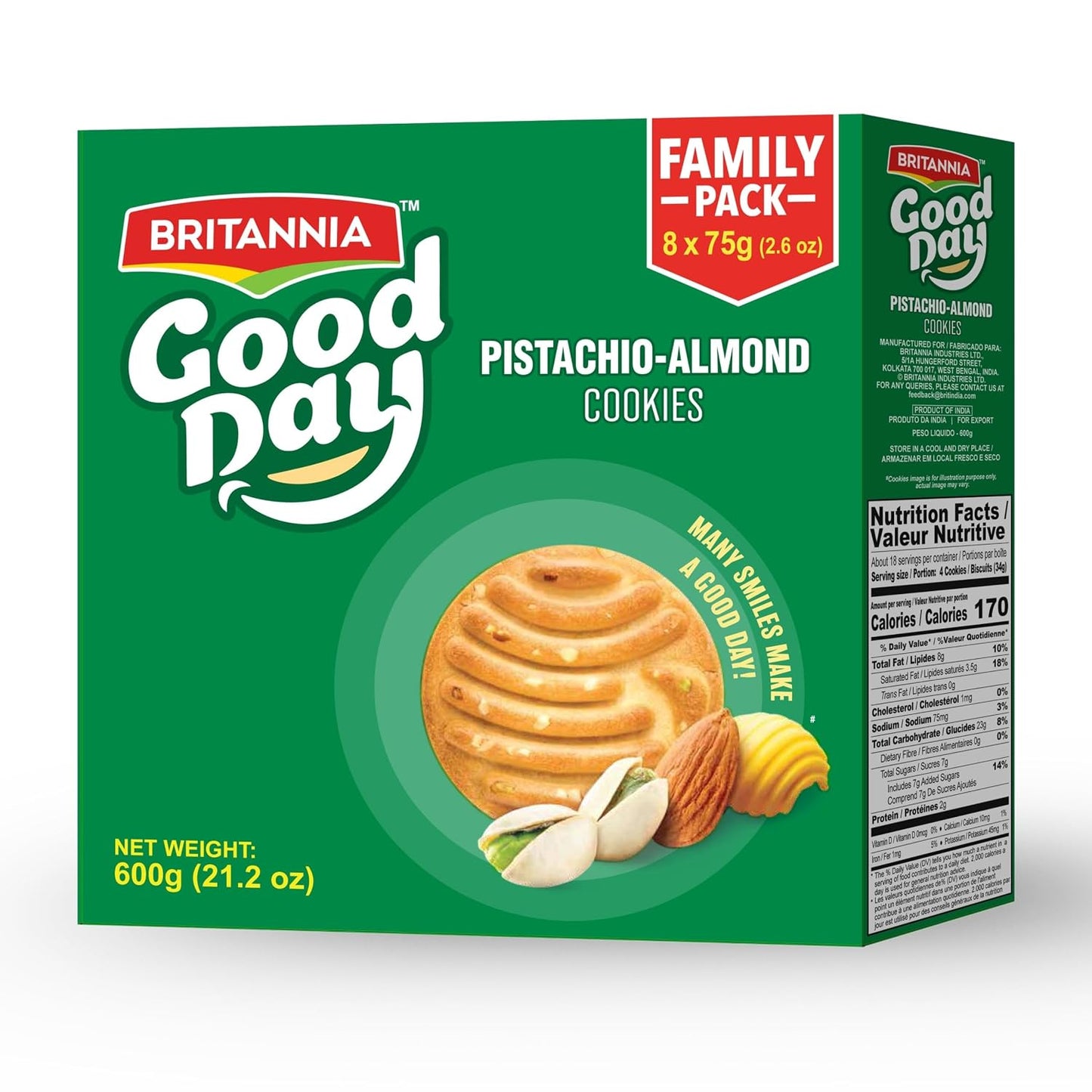 Britannia Good Day Pistachio Almond Cookies Value Pack, 21.16 oz (600g) – Crunchy Nutty Biscuits, Perfect Tea-Time & Anytime Snack