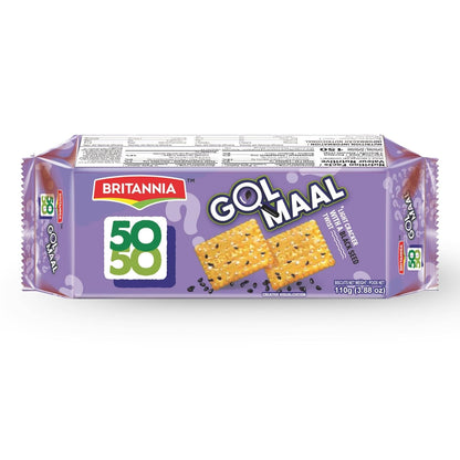 Britannia 50-50 Golmaal Biscuits Tangy Masala Flavor Light & Crispy Snack Perfect for Tea-Time 3.52oz (100g) Pack of 4