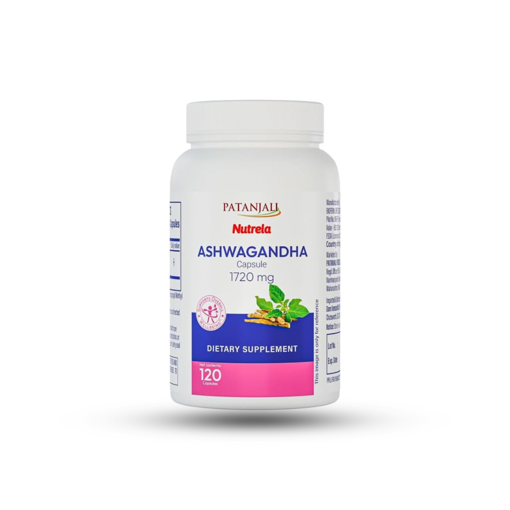 Patanjali Nutrela Ashwagandha 1720mg Capsules - Ayurvedic Stress Relief & Energy Support - Adaptogen for Mental Clarity & Relaxation - 120 Vegetarian Capsules