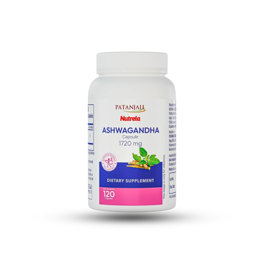 Patanjali Nutrela Ashwagandha 1720mg Capsules - Ayurvedic Stress Relief & Energy Support - Adaptogen for Mental Clarity & Relaxation - 120 Vegetarian Capsules