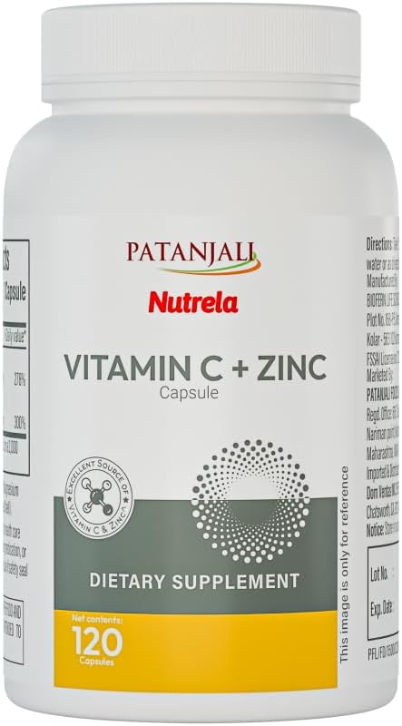 Patanjali Nutrela Vitamin C + Zinc - Natural Immune Support Supplement  - Antioxidant & Immunity Booster - 120 Vegetarian Capsules