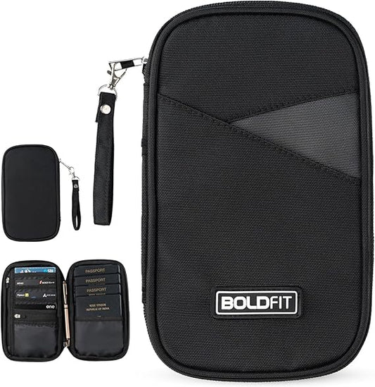 Boldfit Unisex-Adults Passport Cover - Black Faux Leather RFID Protected - Compact Envelope Style with 3 Pockets & 4 Sections - Ideal for Men & Women Travelers