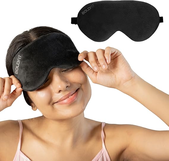 Boldfit Eye Mask for Sleeping with Adjustable Strap Super Soft Sleeping Mask Blind Fold for Comfortable Sleep Travelling Sleep Mask Pad for Girls - Black, Silk