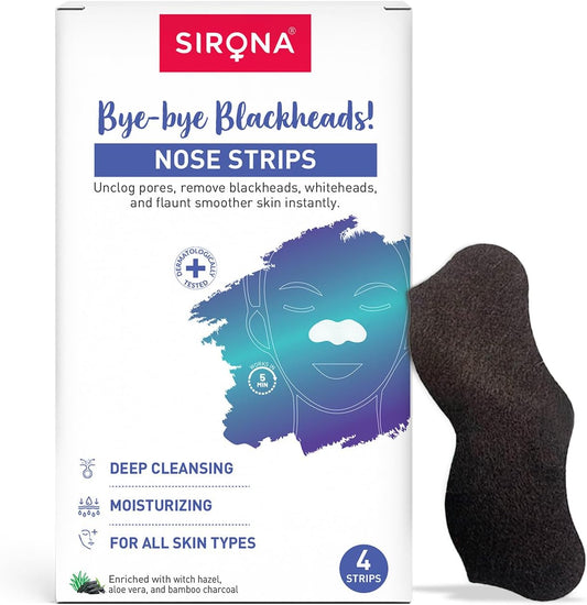 Sirona Bamboo Charcoal Nose Strips | Pack of 4 | Blackhead & Whitehead Remover | Pore Cleansing Strips for Dirt, Oil & Dead Skin | Suitable for All Skin Types