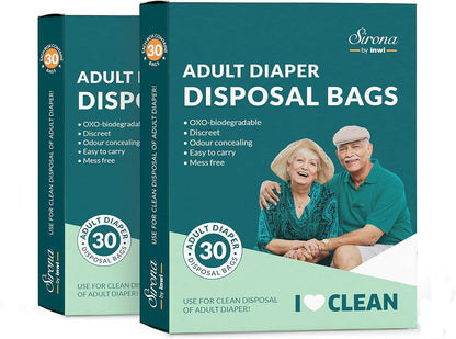 Sirona Adult Diaper Waste Bags | 60 Count | Leak-Proof, Odor-Locking & Oxo-Biodegradable Disposal Bags | Opaque Hygiene Bags for Adult & Baby Diapers, Sanitary Products & Pet Waste