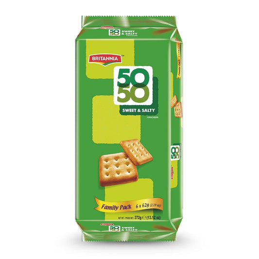 Britannia 50-50 Maska Chaska Biscuits Family Pack Buttery Masala Flavor Light & Crispy Tea-Time Snack 21.2oz (600g) Pack of 2