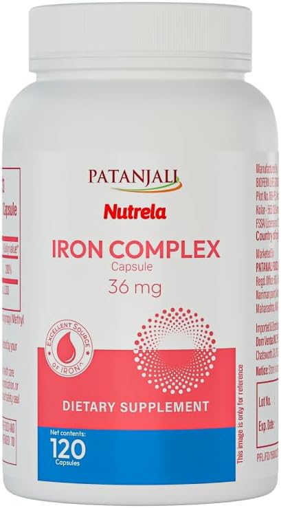 Patanjali Nutrela Iron Complex 36mg - Energy & Vitality Support Supplement - Mineral Formula for Men & Women - 120 Vegetarian Capsule