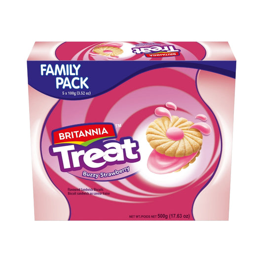 Britannia Treat Buzzy Strawberry Biscuits Sandwich | Family Pack - 500Gm | Ideal for Tea Time or School Breaks