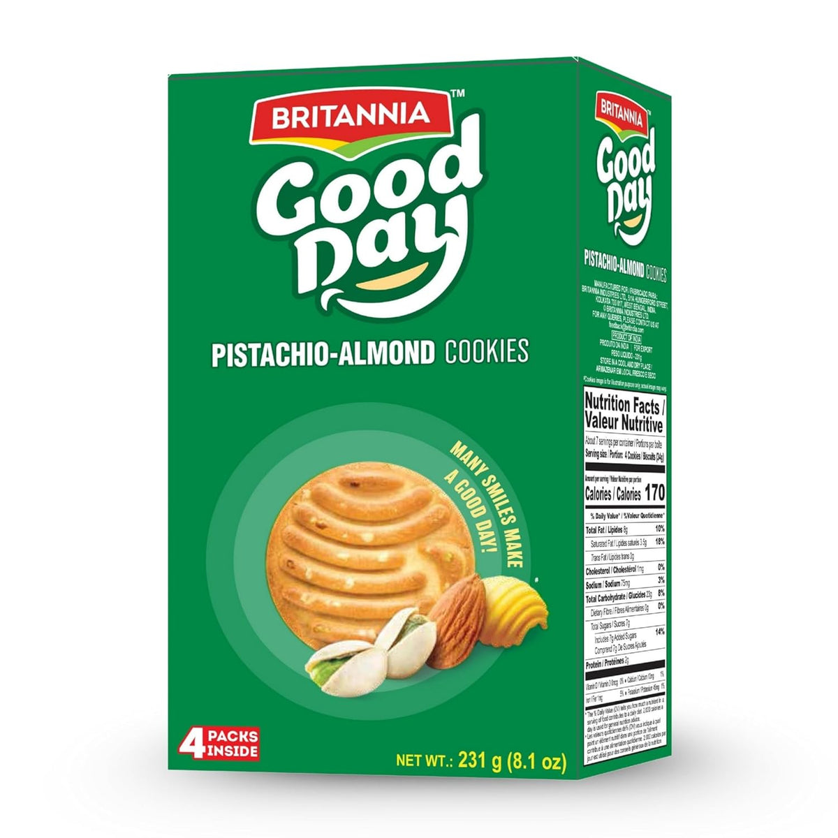 Britannia Good Day Pistachio Almond Cookies Each Nutty & Crunchy Tea-Time Snack Perfect for Breakfast or Anytime Treat 8.1oz (231g)