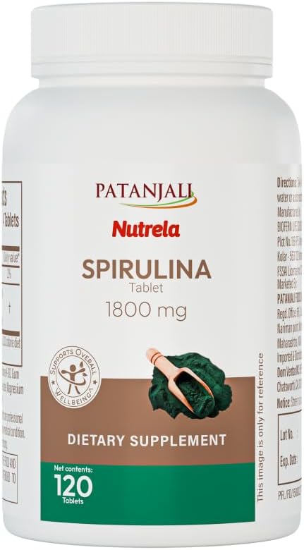 Patanjali Nutrela Spirulina 1800mg - Plant-Based Superfood Nutrition Supplement - Immune Support - 120 Vegetarian Tablets