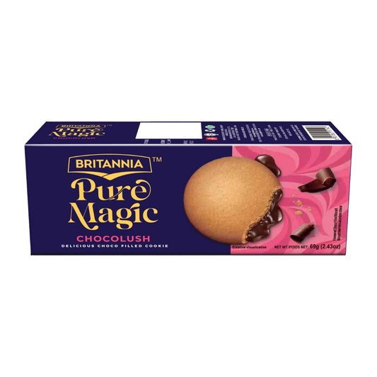 Britannia Pure Magic ChocoLush Biscuits | Pack- 69GM | Crunchy Chocolate Cookies with Smooth Choco Filling | Perfect Snack for Kids & Adults