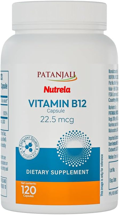 Patanjali Nutrela Vitamin B12 22.5 MCG Capsules - Natural Energy & Nerve Support Supplement - with Moringa & Aloe Vera - 120 Vegetarian Capsules