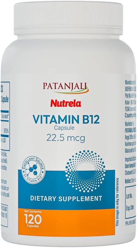 Patanjali Nutrela Vitamin B12 22.5 MCG Capsules - Natural Energy & Nerve Support Supplement - with Moringa & Aloe Vera - 120 Vegetarian Capsules