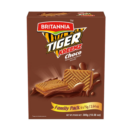 Britannia Tiger Kreemz Choco Cream Biscuits Family Pack 300 Gm| Rich Chocolate Cream-Filled Cookies Perfect For Snack time