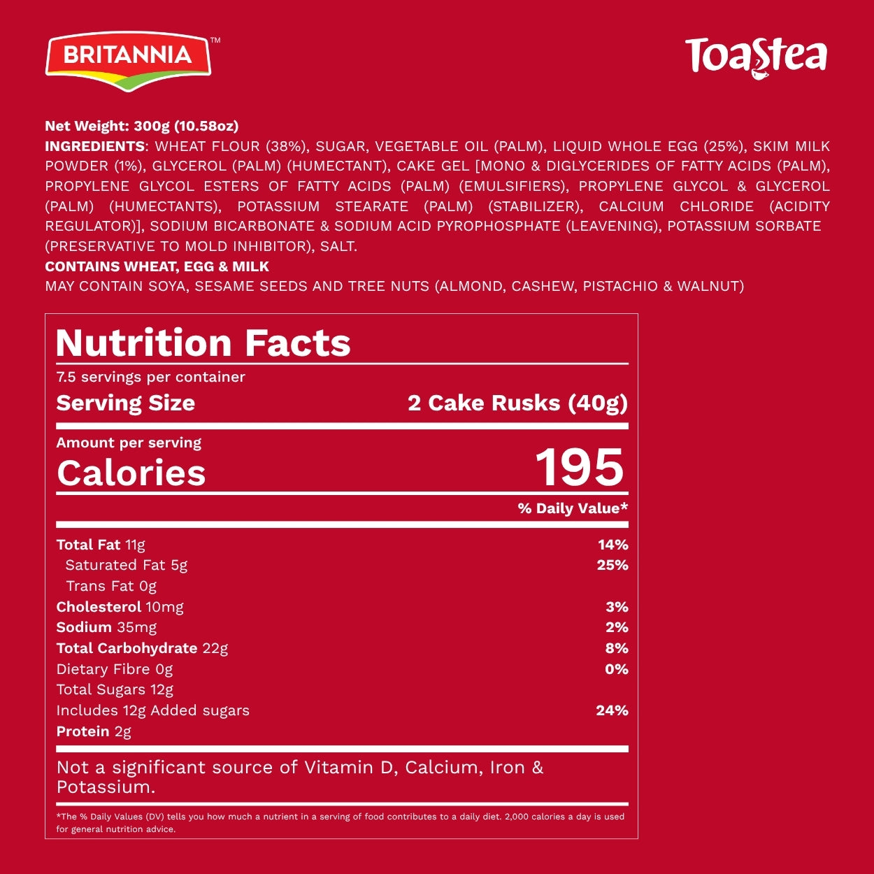 Britannia Toastea Dry Cake Soft & Delicious Cake| Perfect Snack for Breakfast & Tea Time 10.75oz (300g) Pack of 1