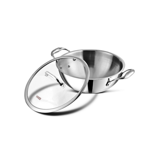 Vinod Platinum Triply Stainless Steel Extra Deep Kadai with Glass Lid 108 oz| 9.4 inches | 2.5mm Thick | Kadai for Cooking | Heavy Base | Induction & Gas Base | 5 Year Warranty