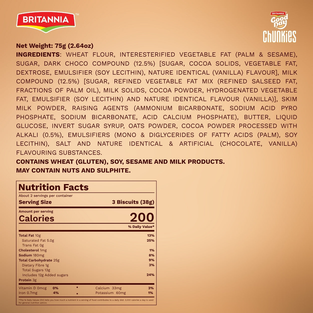 Britannia Good Day Chunkies Cookies Loaded with Choco Chips Crunchy | Pack- 75 GM