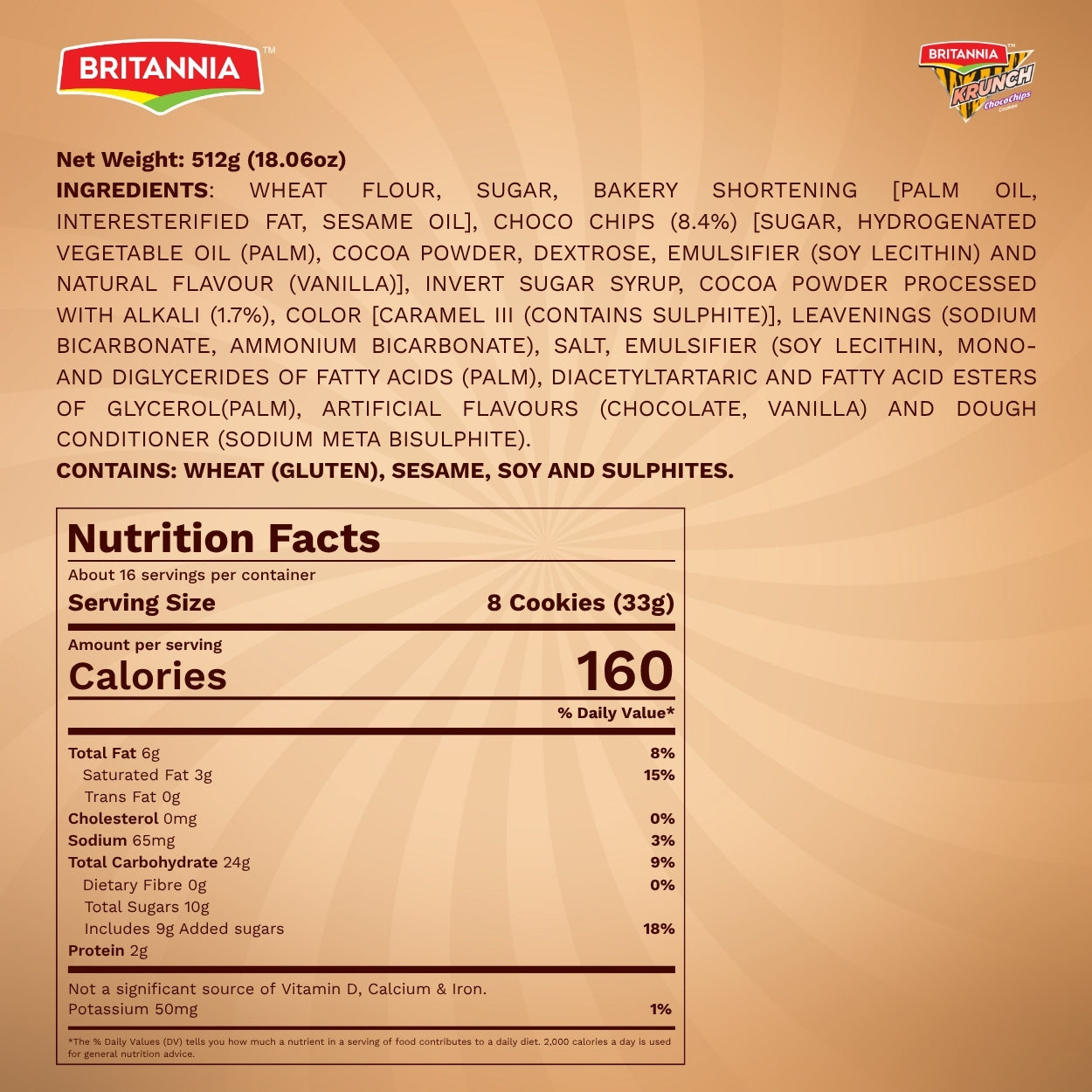 Britannia biscuit packaging with nutritional information and ingredients list.