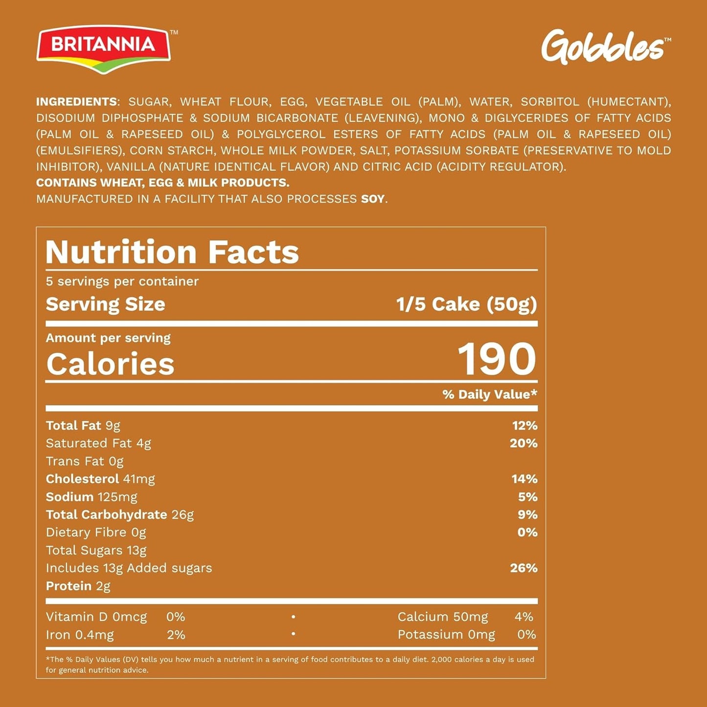 Britannia Vanilla Flavored Cake Soft & Moist Eggless Dessert Perfect Snack for Kids & Tea Time 7.05oz (200g)