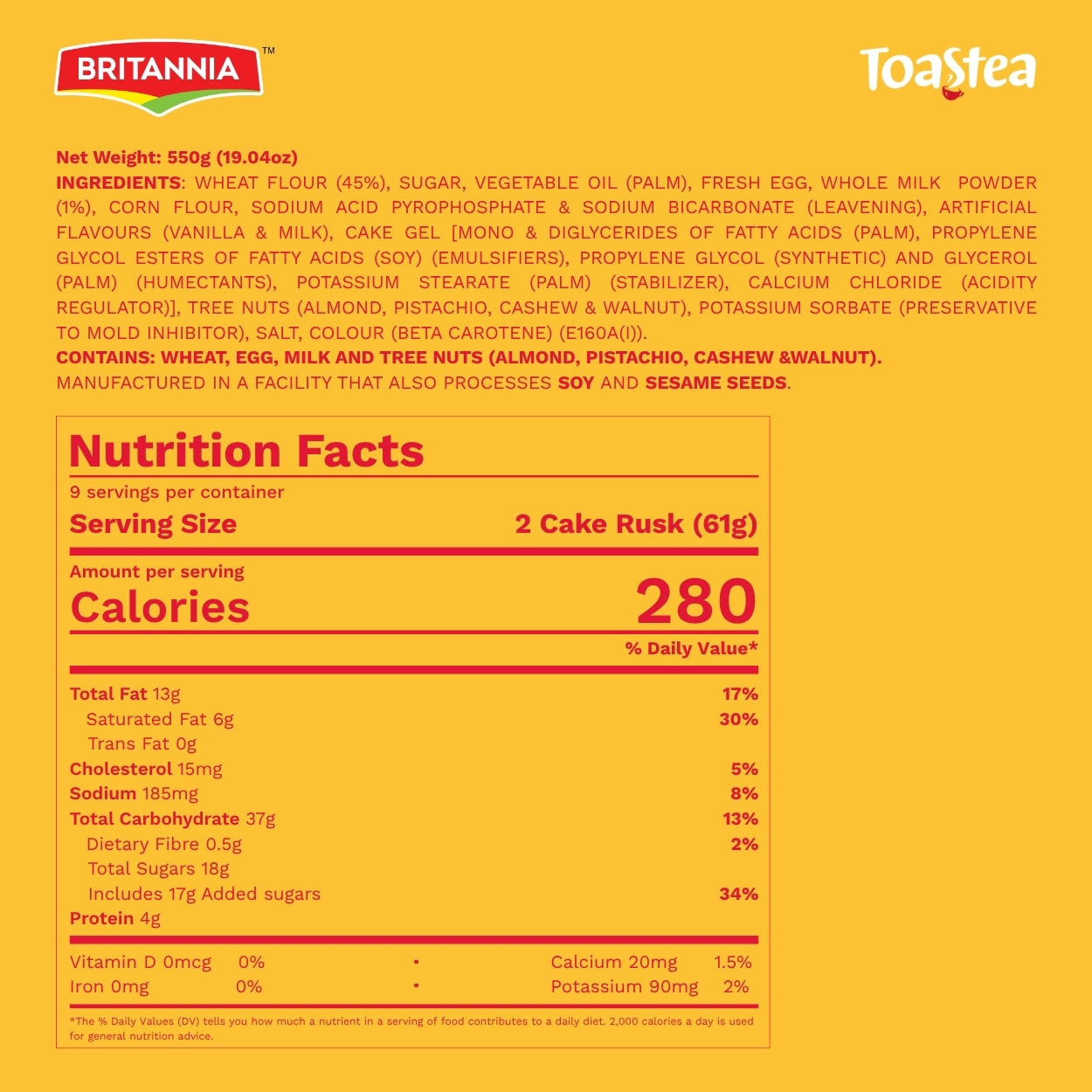 Britannia Cake Rusk Smooth & Soft Twice-Baked Cake Made with Milk & Egg | Delicious Snack for Breakfast & Tea Time 19.4oz (550g) Pack of 1