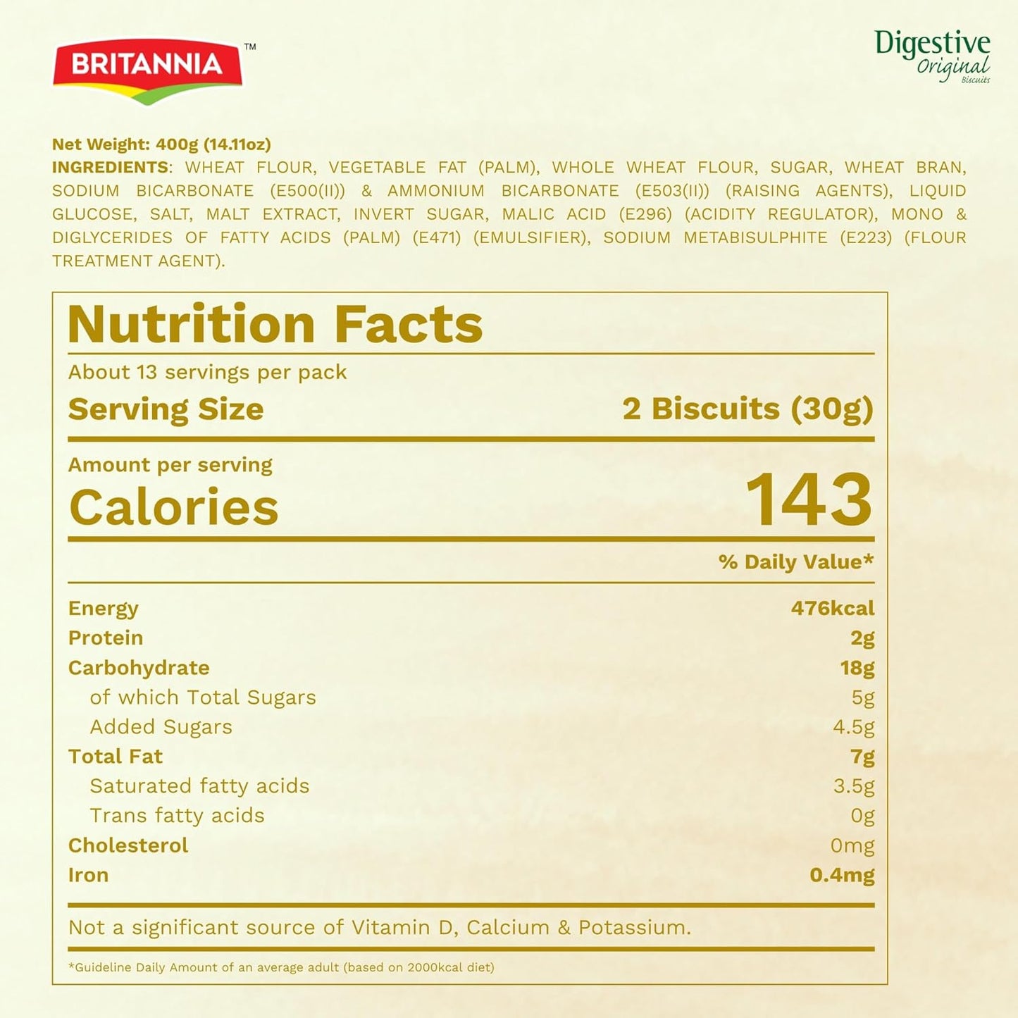Britannia Digestive High-Fiber Biscuits Healthy Whole Wheat Cookies No Added Sugar Crisp Tea Time Snack 14.11oz (400g)