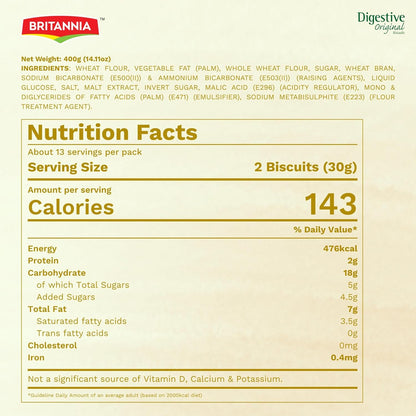 Britannia Digestive High-Fiber Biscuits Healthy Whole Wheat Cookies No Added Sugar Crisp Tea Time Snack 14.11oz (400g)