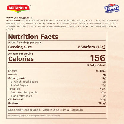 Britannia Treat Wafer Chocolate Flavor Crispy Layered Wafers with Rich Chocolate Cream Filling Indulgent Sweet Snack, Dessert- 150g (5.29 oz)