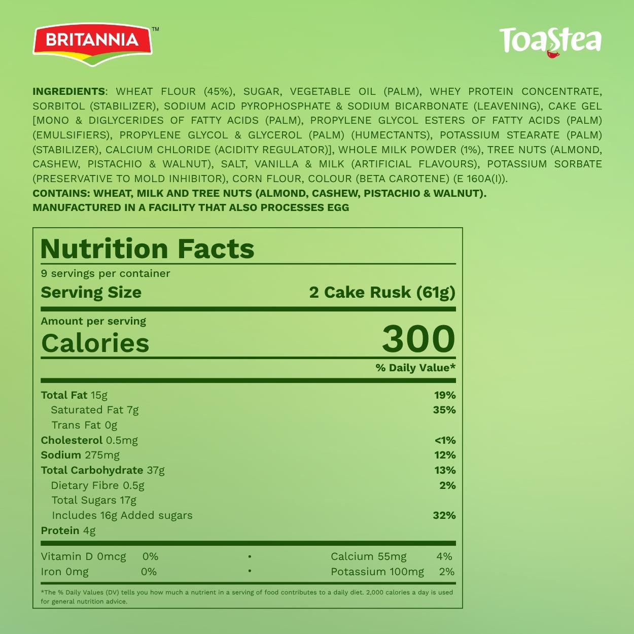 Britannia Toastea Eggless Rusk Cake | Pack- 550gm (12 P) | Each Smooth & Soft Twice-Baked Cake Delicious Snack for Breakfast & Tea Time