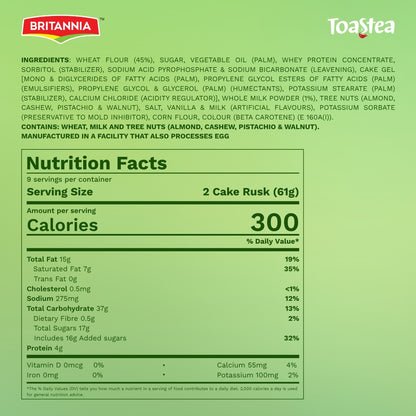 Britannia Toastea Eggless Rusk Cake | Pack- 550gm (12 P) | Each Smooth & Soft Twice-Baked Cake Delicious Snack for Breakfast & Tea Time