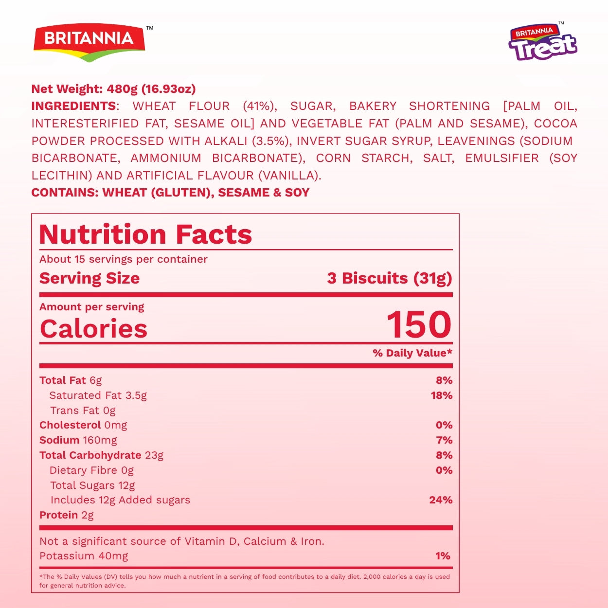 Britannia Treat Vanilla Cream Biscuits | Family Pack 480gm (40g*12) | Delicious Family Snack