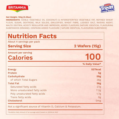 Britannia Treat Creme Wafers Orange Flavor Crispy Layered Wafers with Zesty Orange Cream Filling, 150g (5.29 oz)