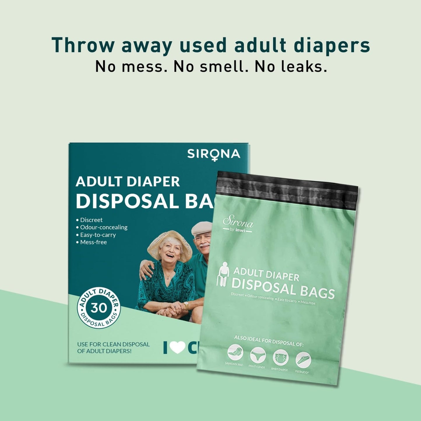 Sirona Premium Adult Diaper Disposable Bags - 30 Bags | Odor Sealing for Diapers, Food Waste, Pet Waste, Sanitary Product Disposal | Durable and Unsce