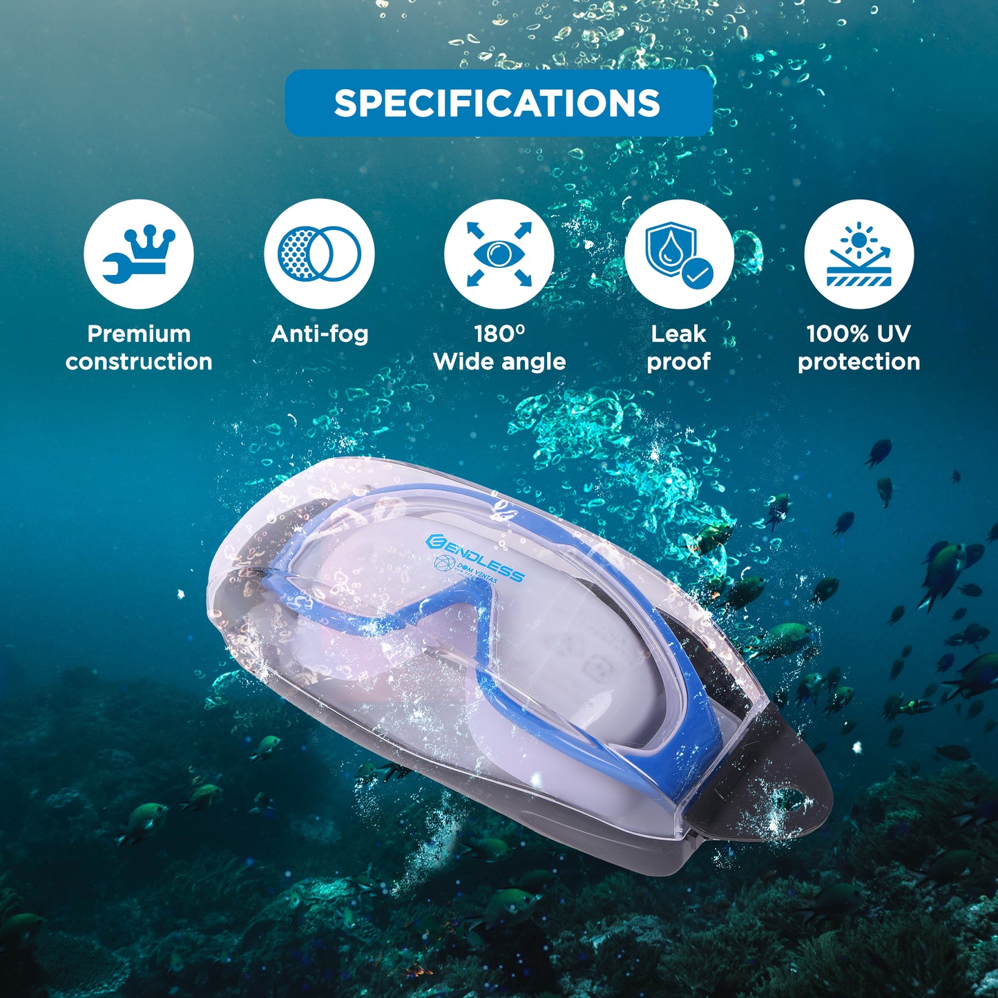 Endless EL1009 Premium Swimming Goggle with Anti-Fog and UV Protection | Material : Silicon, PU | Stylish Big Frame for more Visibility | Soft Silicone Gasket for Leak Proof | With Hard Case