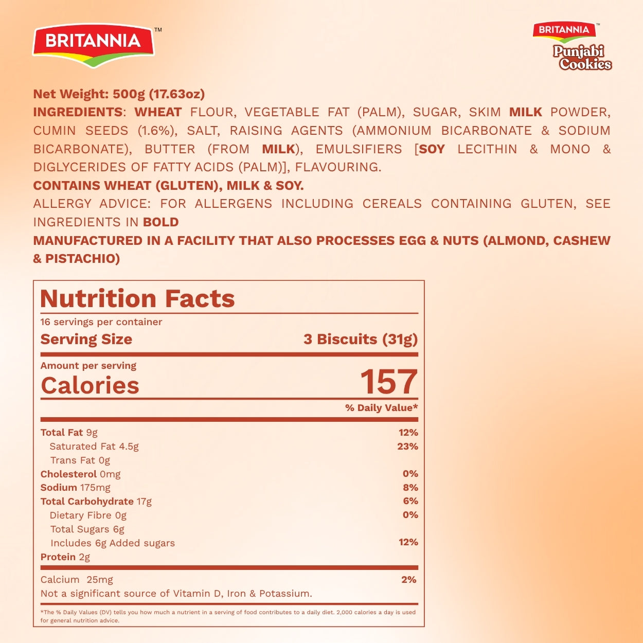 Britannia Britannia Nutri-Biscuit Cookies packaging with nutritional information and ingredients list.