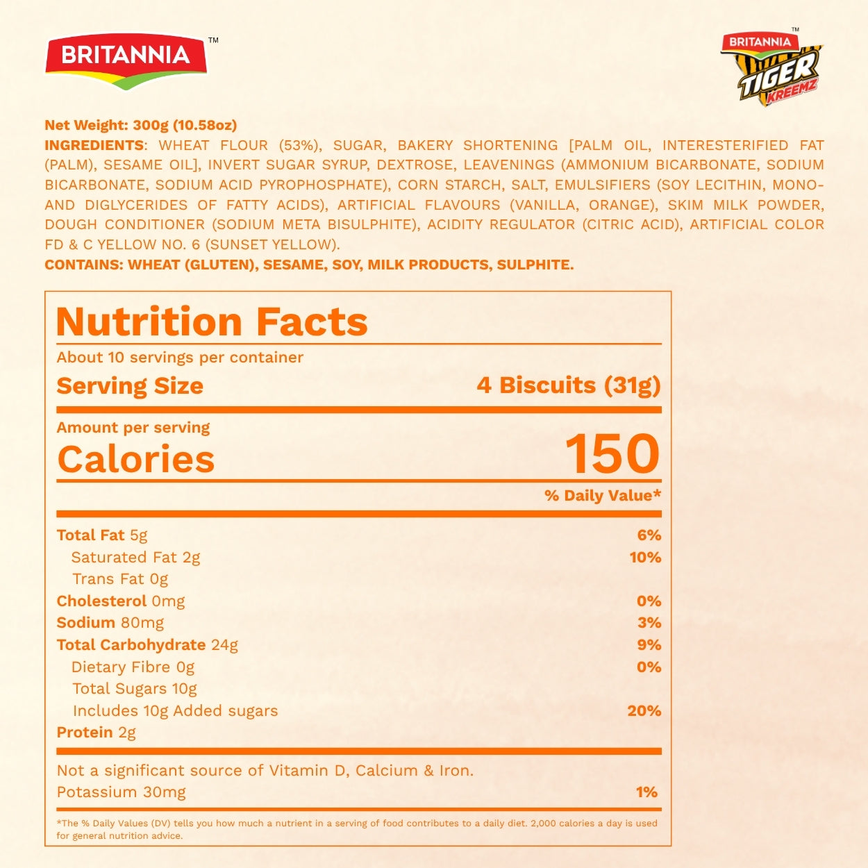 Britannia Tiger Kreemz Orange Cream Biscuits | Family Pack  300 gm (75*4) | Perfect Snack For Every Occasion