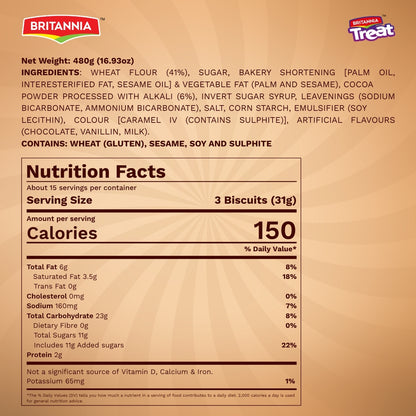 Britannia Treat Funky Choco Cream Biscuits | Pack -480GM(40g*12) | Chocolate Cream Filled Cookies Tasty Snack for Kids & Adults | Total 96 Pieces