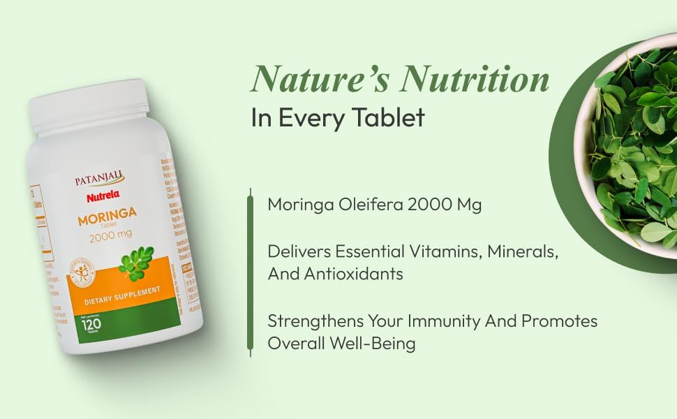 Patanjali Nutrela Moringa 2000mg Tablets - Natural Superfood Supplement for Energy, Immunity & Daily Wellness - 120 Vegetarian Tablets