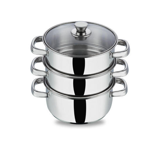Vinod Stainless Steel 3 Tier Steamer/Momo/Modak Maker with Glass Lid & Riveted Handles- 7.8 inches (Induction and Gas Stove Friendly), 2 Year Warranty, Silver