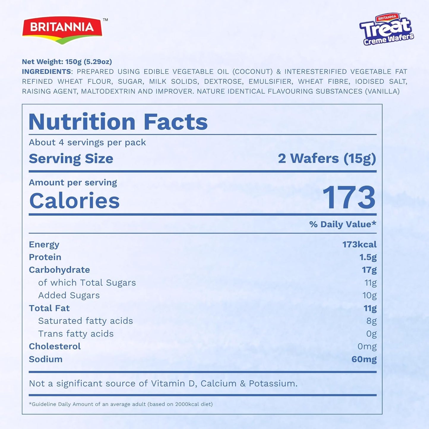 Britannia Treat Wafer Vanilla delivers a light and satisfying snack experience with crispy layers and smooth vanilla cream in every bite. This 28oz pack contains 10 individually wrapped wafers.