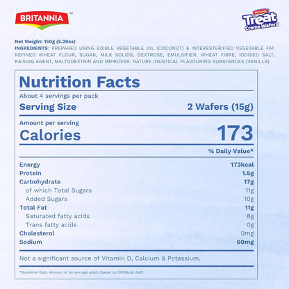 Britannia Treat Wafer Vanilla delivers a light and satisfying snack experience with crispy layers and smooth vanilla cream in every bite. This 28oz pack contains 10 individually wrapped wafers.
