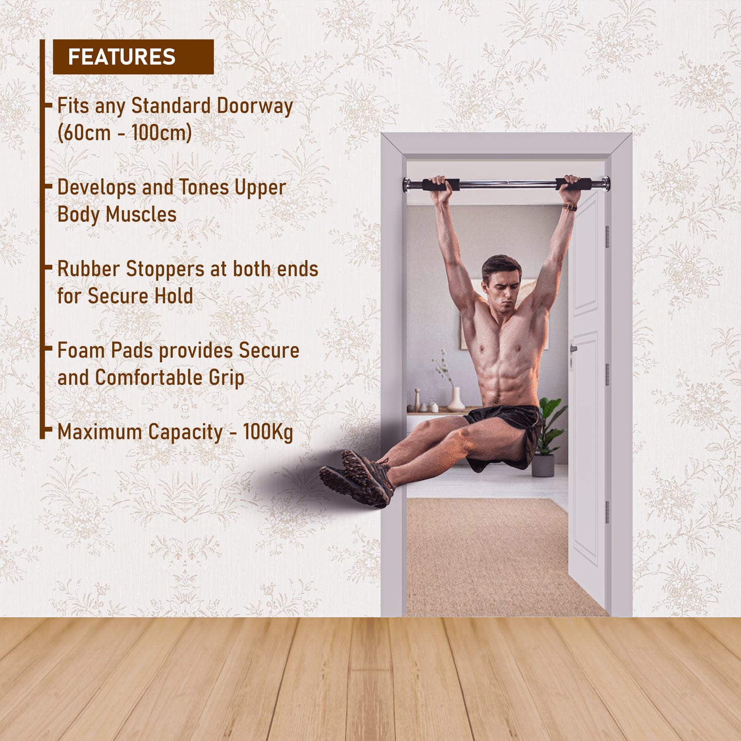 Endless EL1037 Stainless Steel Adjustable Pull Up Bar for Home Doorway | Material : Stainless Steel | For Strengthening Exercises at Home or Gym with Anti-Skid Cushion Grip | For Adult, Men and Women